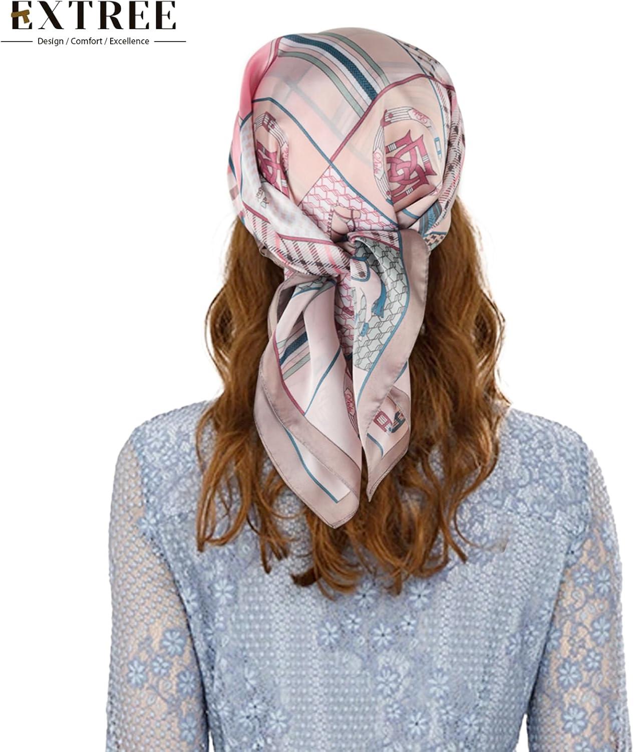 imageEXTREE Silk Feeling Scarf Medium Square Satin Head Scarf Sleeping Hair Wrapping for Women 275  275 inchesPink Pony