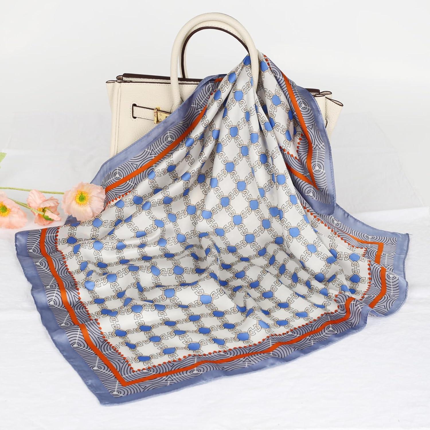 imageEXTREE Silk Feeling Scarf Medium Square Satin Head Scarf Sleeping Hair Wrapping for Women 275  275 inchesPlaid Blue