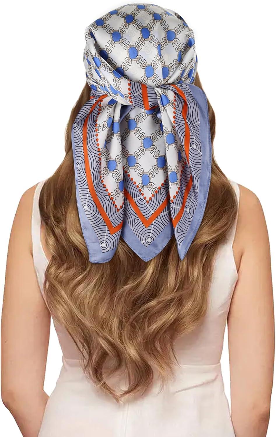 imageEXTREE Silk Feeling Scarf Medium Square Satin Head Scarf Sleeping Hair Wrapping for Women 275  275 inchesPlaid Blue