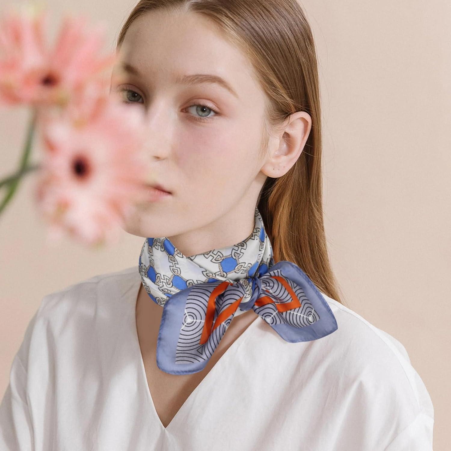 imageEXTREE Silk Feeling Scarf Medium Square Satin Head Scarf Sleeping Hair Wrapping for Women 275  275 inchesPlaid Blue