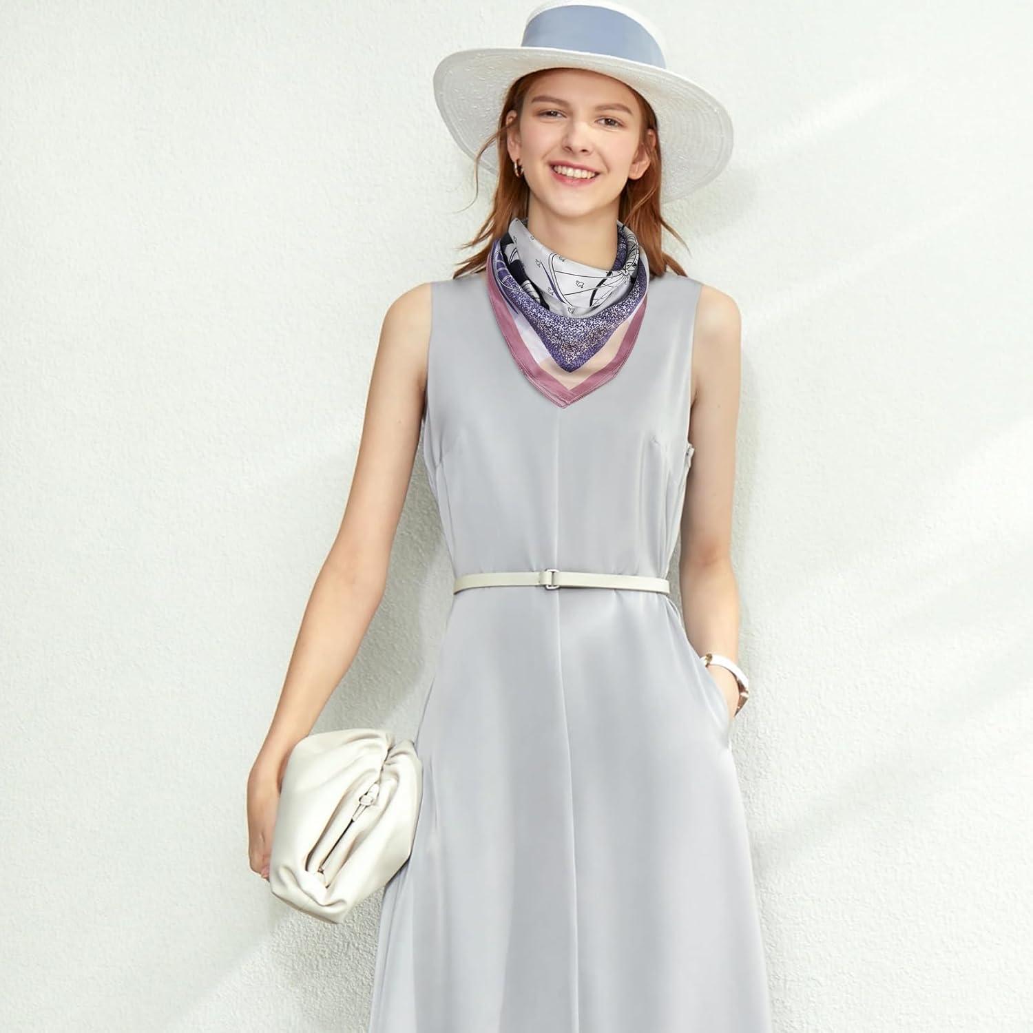 imageEXTREE Silk Feeling Scarf Medium Square Satin Head Scarf Sleeping Hair Wrapping for Women 275  275 inchesPurple Carriag