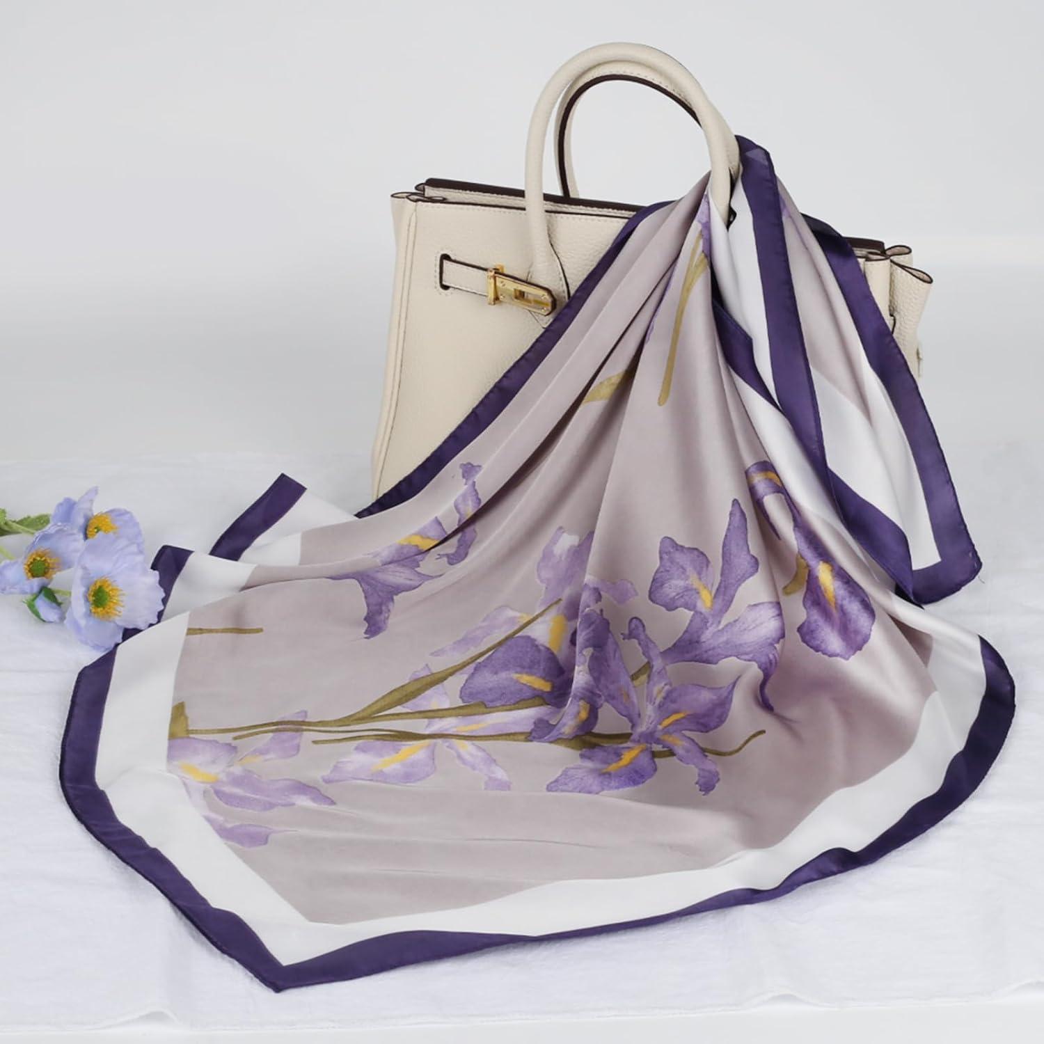 imageEXTREE Silk Feeling Scarf Medium Square Satin Head Scarf Sleeping Hair Wrapping for Women 275  275 inchesPurple Oriole