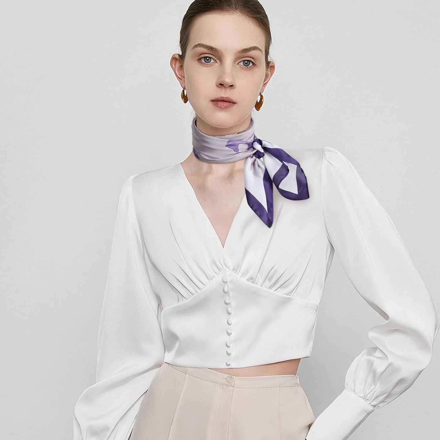 imageEXTREE Silk Feeling Scarf Medium Square Satin Head Scarf Sleeping Hair Wrapping for Women 275  275 inchesPurple Oriole