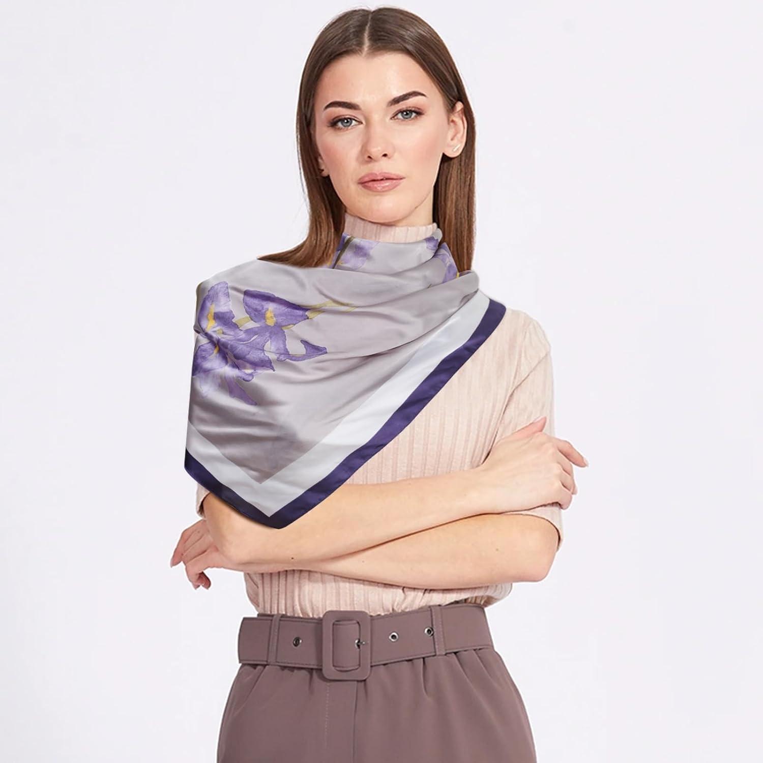 imageEXTREE Silk Feeling Scarf Medium Square Satin Head Scarf Sleeping Hair Wrapping for Women 275  275 inchesPurple Oriole