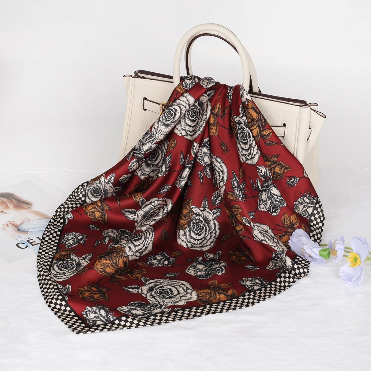 imageEXTREE Silk Feeling Scarf Medium Square Satin Head Scarf Sleeping Hair Wrapping for Women 275  275 inchesRed Flower