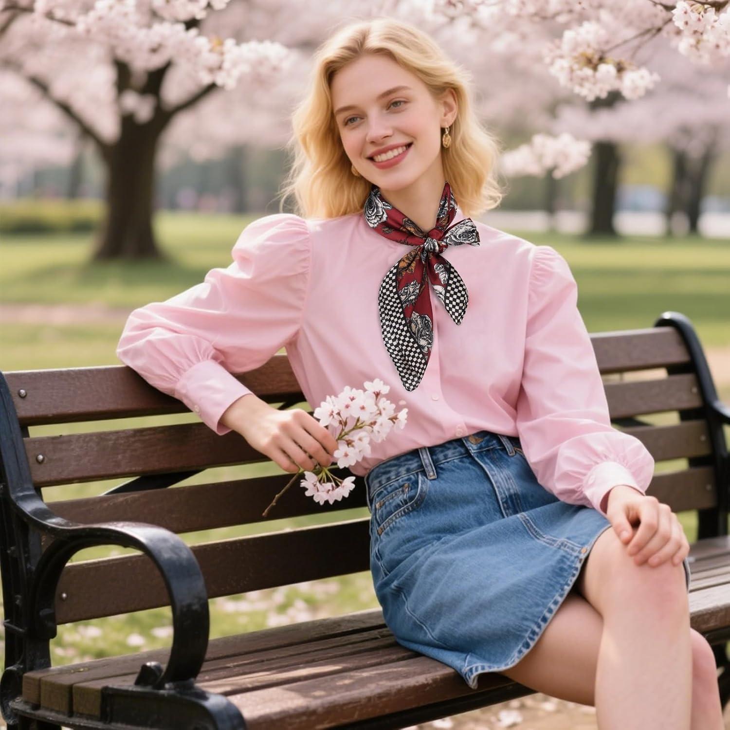 imageEXTREE Silk Feeling Scarf Medium Square Satin Head Scarf Sleeping Hair Wrapping for Women 275  275 inchesRed Flower