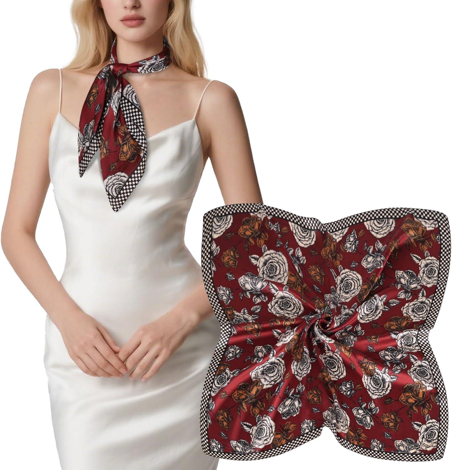 imageEXTREE Silk Feeling Scarf Medium Square Satin Head Scarf Sleeping Hair Wrapping for Women 275  275 inchesRed Flower