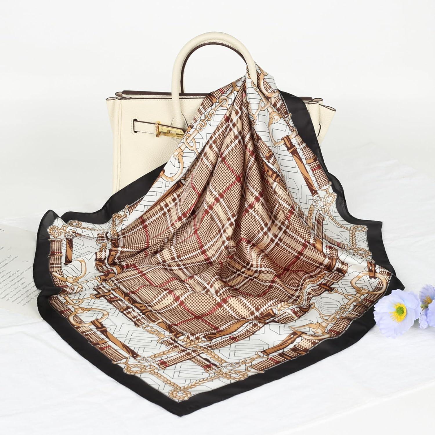 imageEXTREE Silk Feeling Scarf Medium Square Satin Head Scarf Sleeping Hair Wrapping for Women 275  275 inchesRein Houndstooth Black Frame