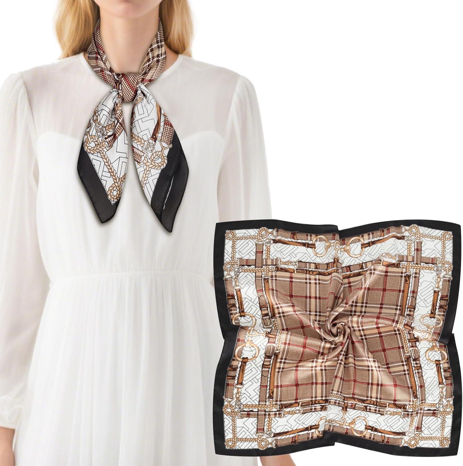 imageEXTREE Silk Feeling Scarf Medium Square Satin Head Scarf Sleeping Hair Wrapping for Women 275  275 inchesRein Houndstooth Black Frame