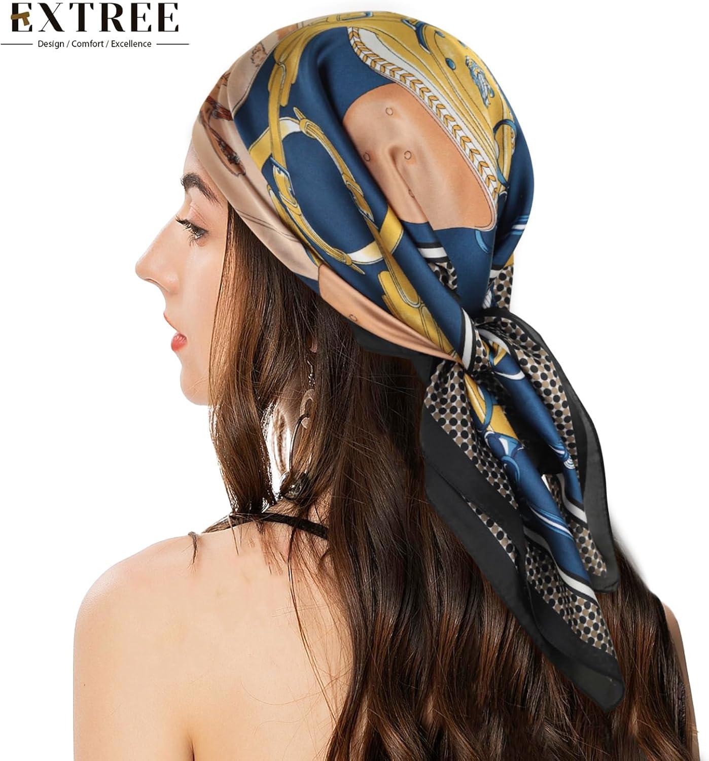 imageEXTREE Silk Feeling Scarf Medium Square Satin Head Scarf Sleeping Hair Wrapping for Women 275  275 inchesSaddle Chain Navy Blue