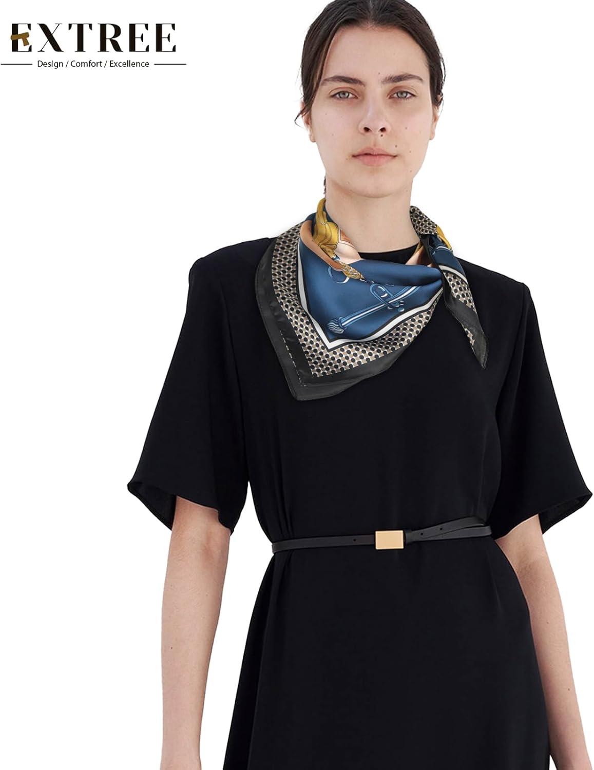 imageEXTREE Silk Feeling Scarf Medium Square Satin Head Scarf Sleeping Hair Wrapping for Women 275  275 inchesSaddle Chain Navy Blue