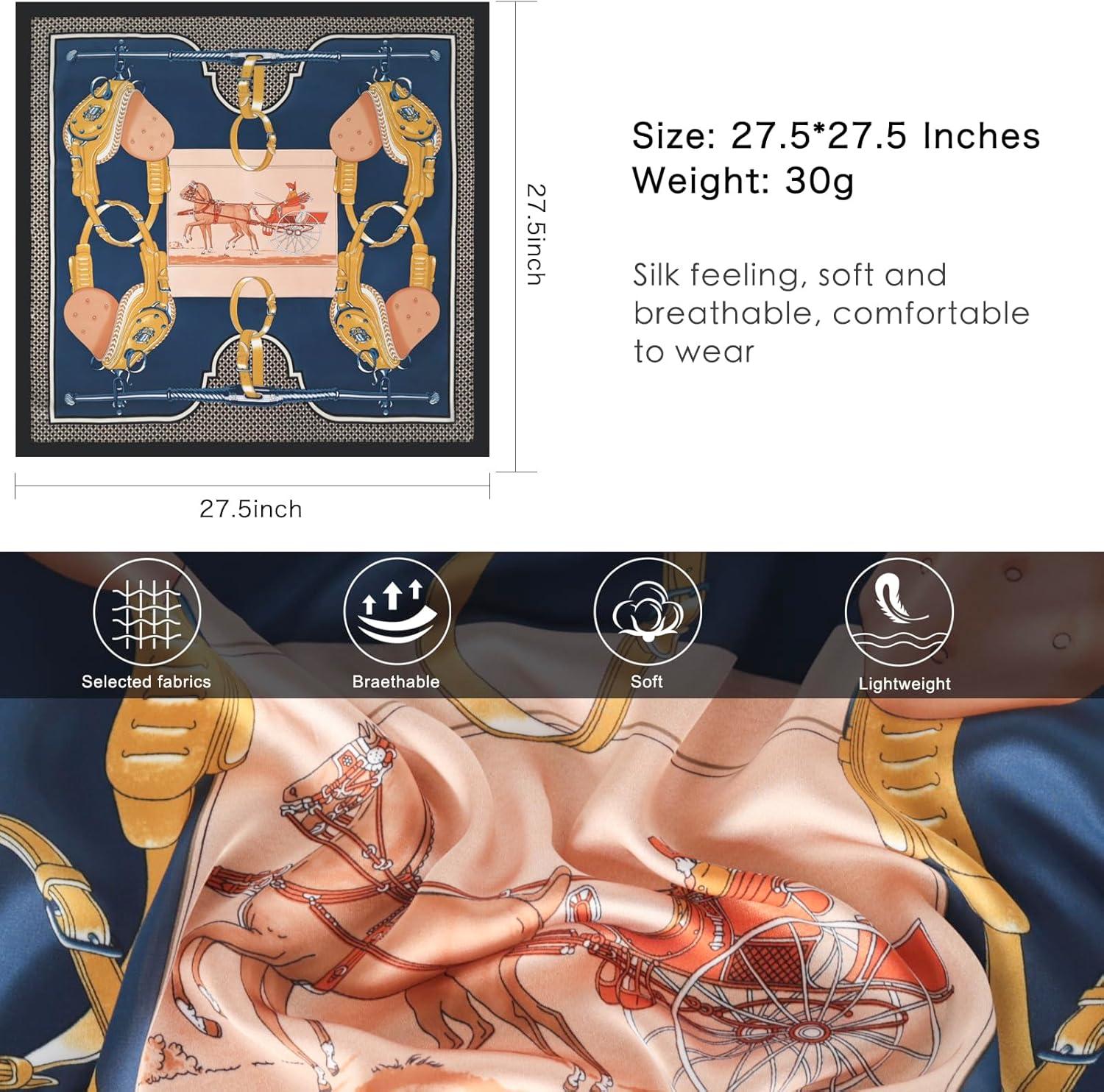 imageEXTREE Silk Feeling Scarf Medium Square Satin Head Scarf Sleeping Hair Wrapping for Women 275  275 inchesSaddle Chain Navy Blue