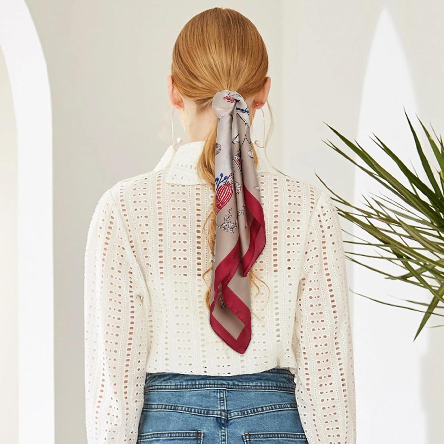 imageEXTREE Silk Feeling Scarf Medium Square Satin Head Scarf Sleeping Hair Wrapping for Women 275  275 inchesShell Flower Khaki