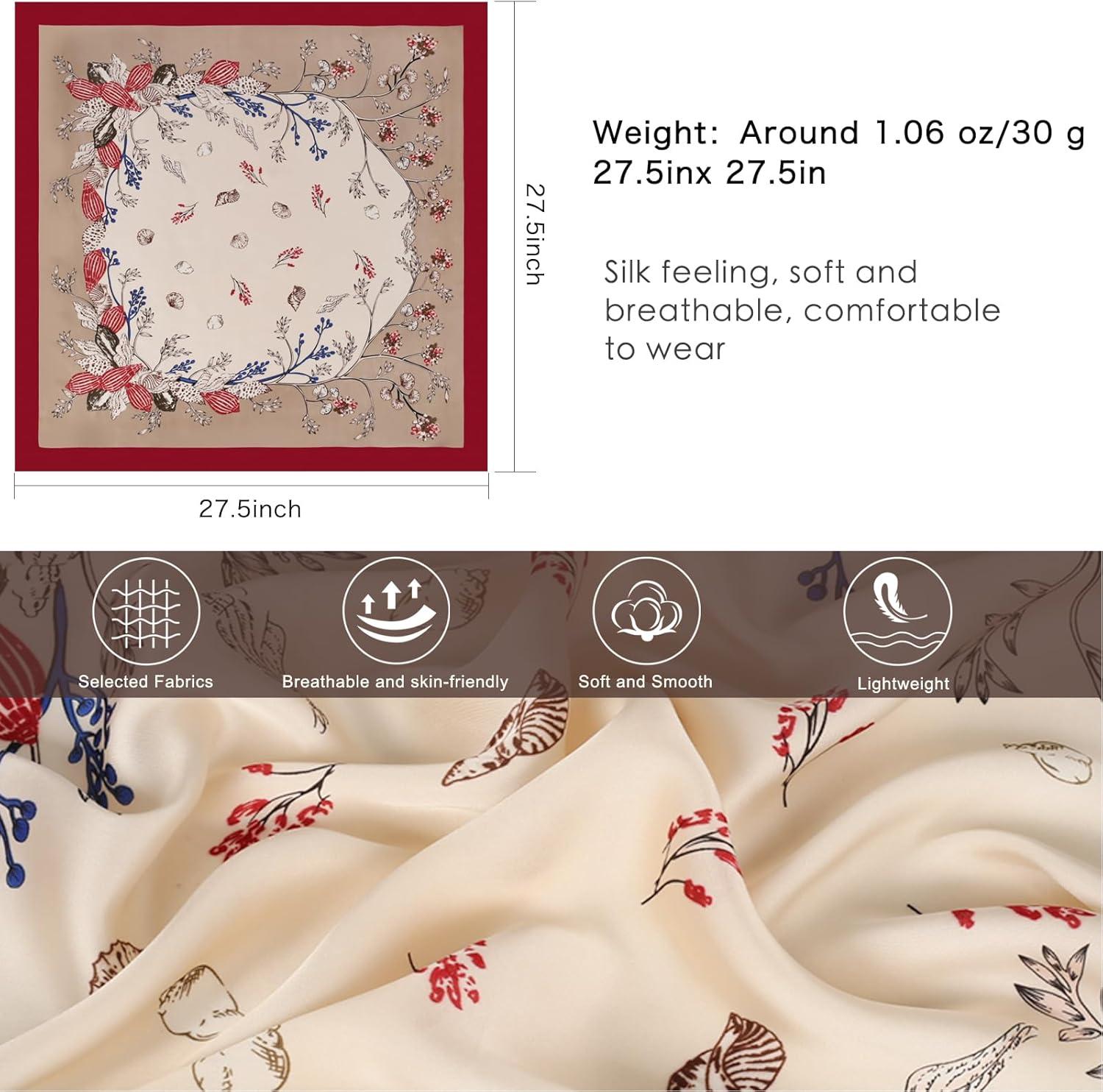 imageEXTREE Silk Feeling Scarf Medium Square Satin Head Scarf Sleeping Hair Wrapping for Women 275  275 inchesShell Flower Khaki