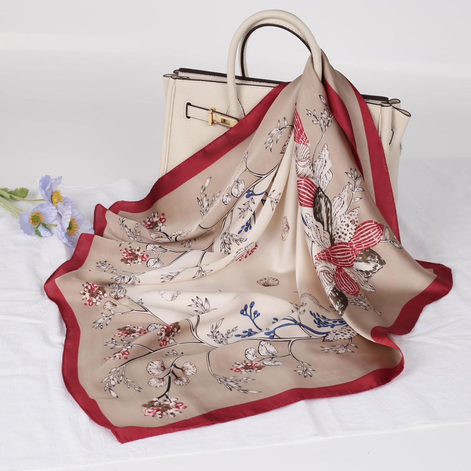 imageEXTREE Silk Feeling Scarf Medium Square Satin Head Scarf Sleeping Hair Wrapping for Women 275  275 inchesShell Flower Khaki