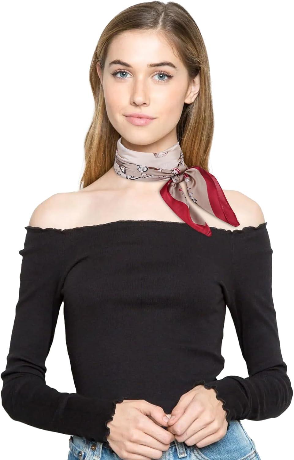 imageEXTREE Silk Feeling Scarf Medium Square Satin Head Scarf Sleeping Hair Wrapping for Women 275  275 inchesShell Flower Khaki