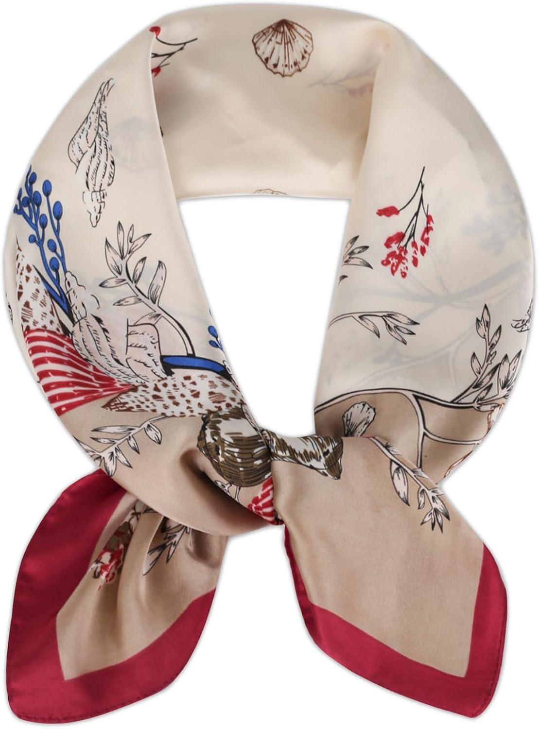 imageEXTREE Silk Feeling Scarf Medium Square Satin Head Scarf Sleeping Hair Wrapping for Women 275  275 inchesShell Flower Khaki