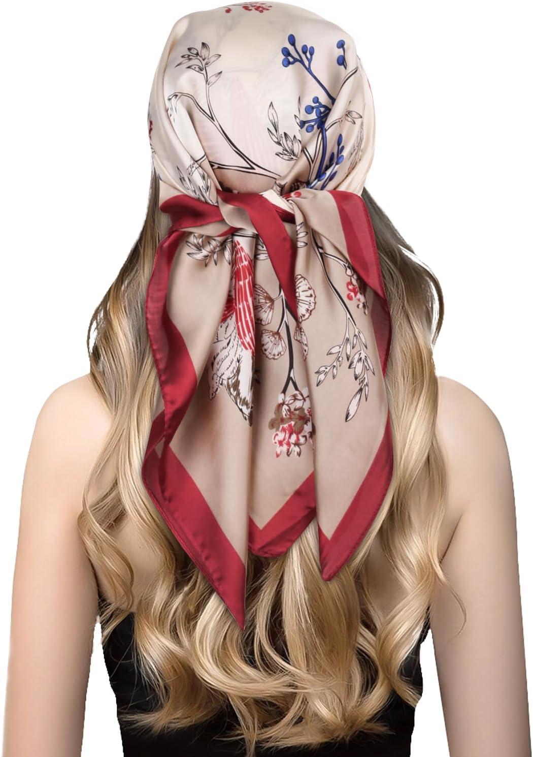 imageEXTREE Silk Feeling Scarf Medium Square Satin Head Scarf Sleeping Hair Wrapping for Women 275  275 inchesShell Flower Khaki