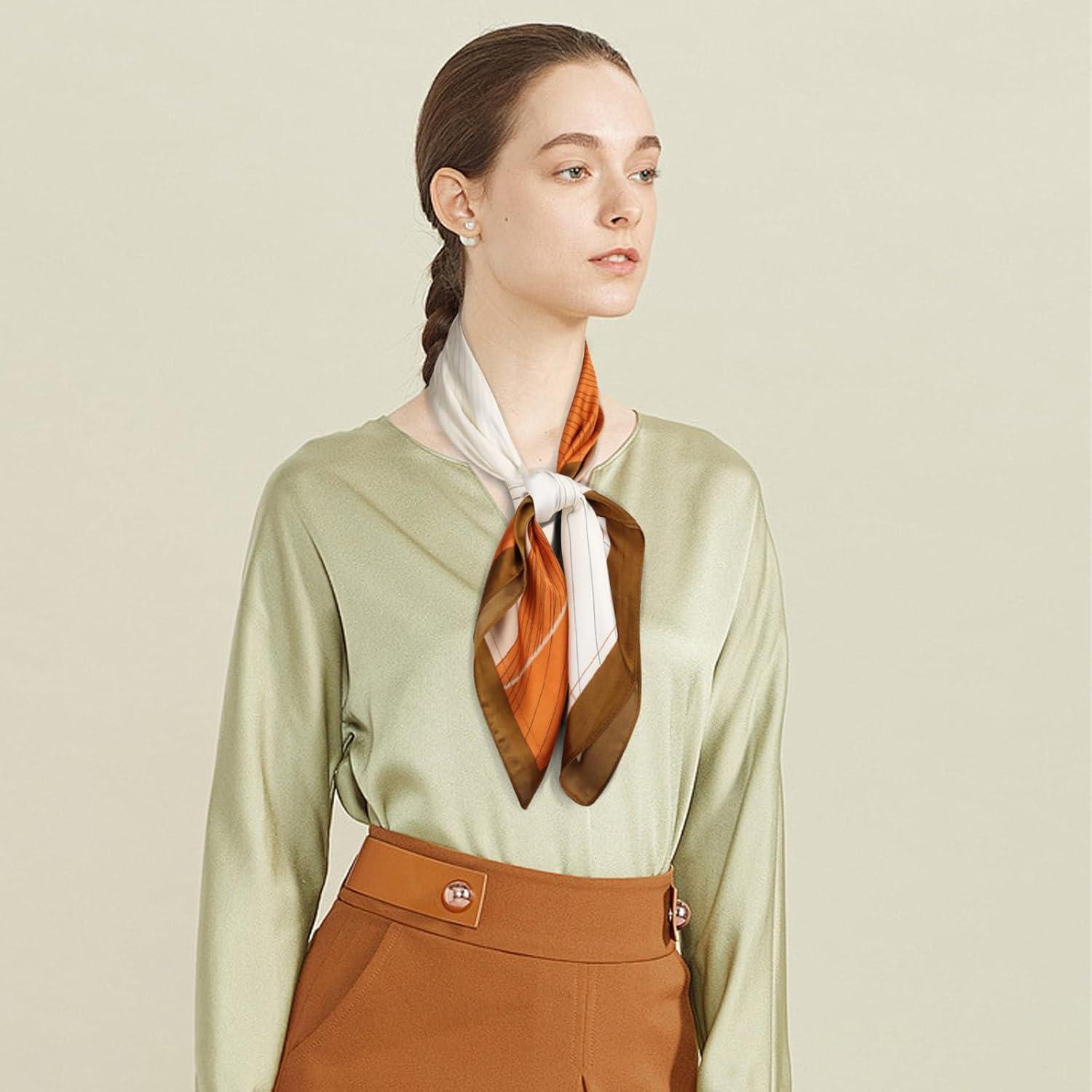 imageEXTREE Silk Feeling Scarf Medium Square Satin Head Scarf Sleeping Hair Wrapping for Women 275  275 inchesSunset Orange