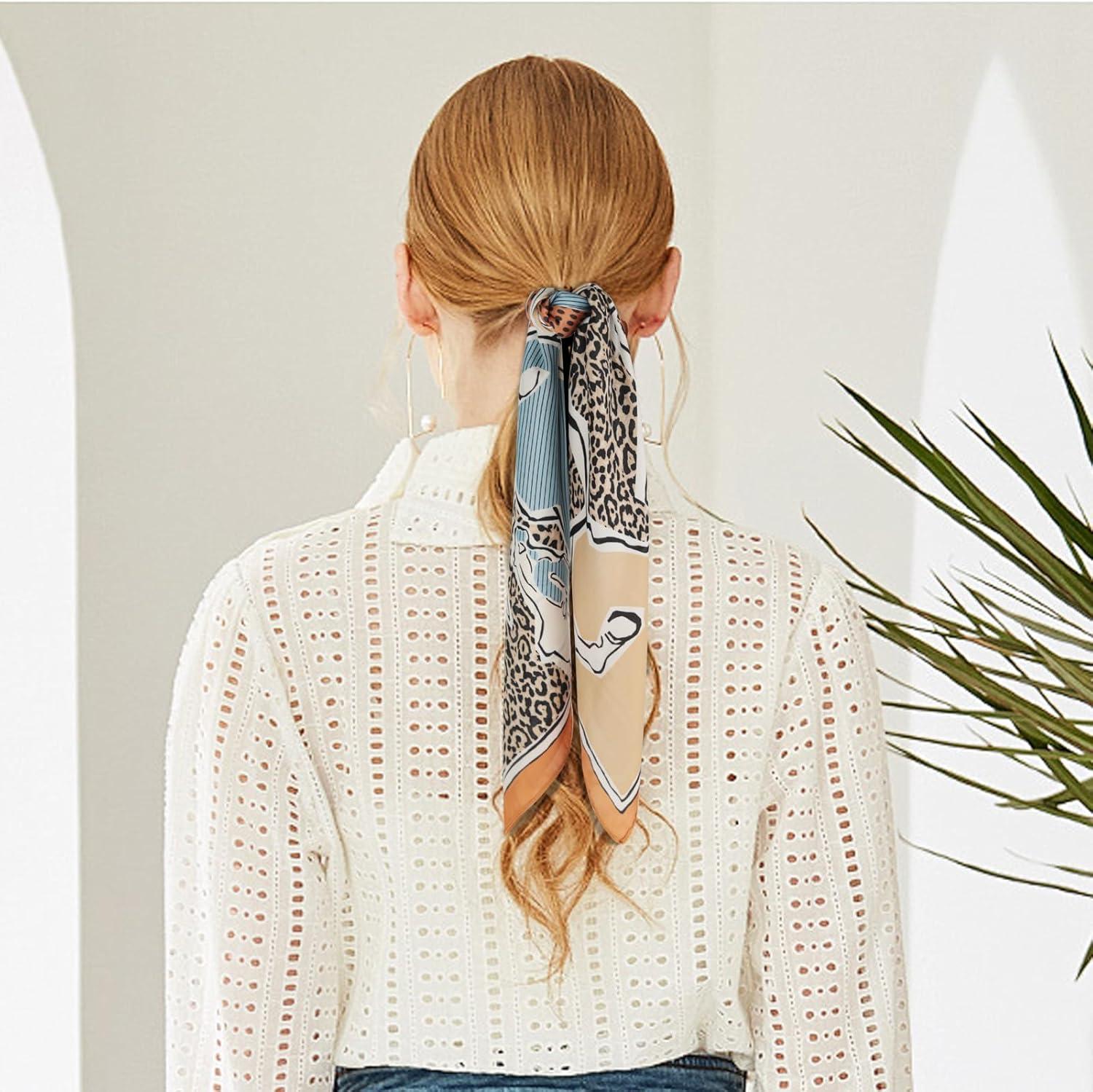 imageEXTREE Silk Feeling Scarf Medium Square Satin Head Scarf Sleeping Hair Wrapping for Women 275  275 inchesThree Horses