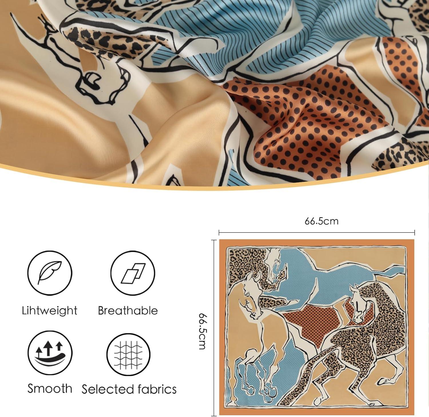 imageEXTREE Silk Feeling Scarf Medium Square Satin Head Scarf Sleeping Hair Wrapping for Women 275  275 inchesThree Horses