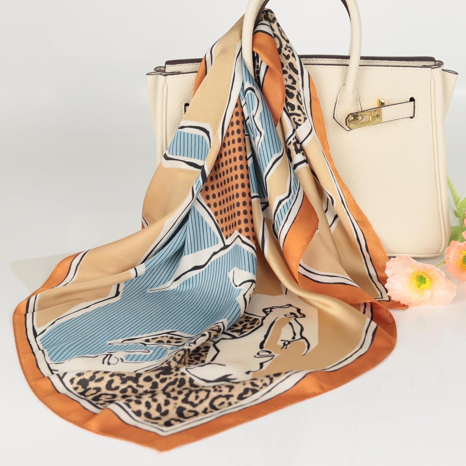 imageEXTREE Silk Feeling Scarf Medium Square Satin Head Scarf Sleeping Hair Wrapping for Women 275  275 inchesThree Horses