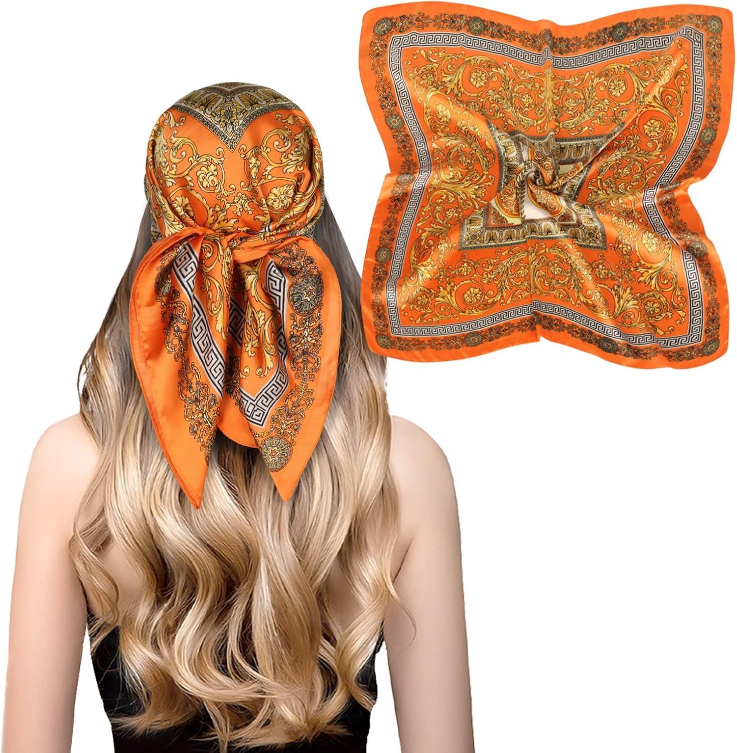 imageEXTREE Silk Feeling Scarf Medium Square Satin Head Scarf Sleeping Hair Wrapping for Women 275  275 inchesTotem Orange
