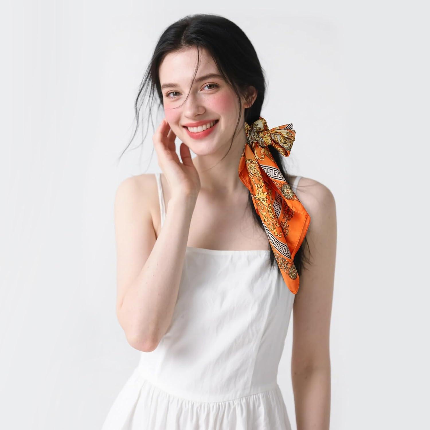 imageEXTREE Silk Feeling Scarf Medium Square Satin Head Scarf Sleeping Hair Wrapping for Women 275  275 inchesTotem Orange