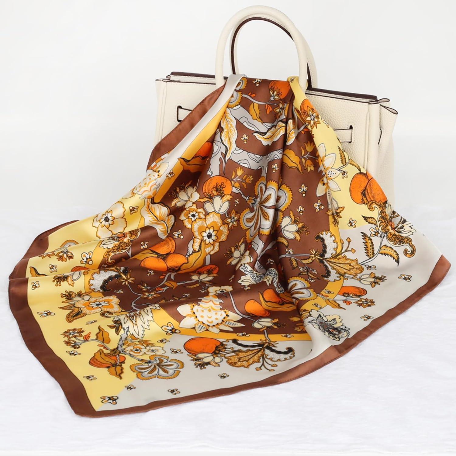 imageEXTREE Silk Feeling Scarf Medium Square Satin Head Scarf Sleeping Hair Wrapping for Women 275  275 inchesYellow Flowers