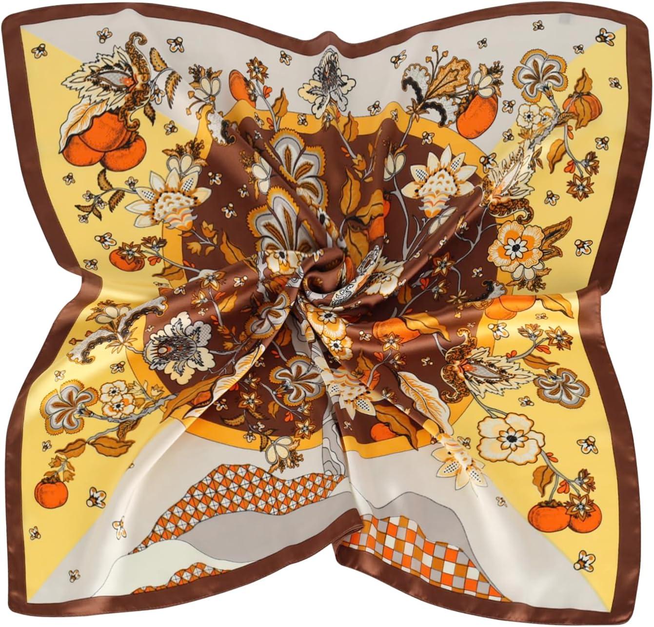 imageEXTREE Silk Feeling Scarf Medium Square Satin Head Scarf Sleeping Hair Wrapping for Women 275  275 inchesYellow Flowers