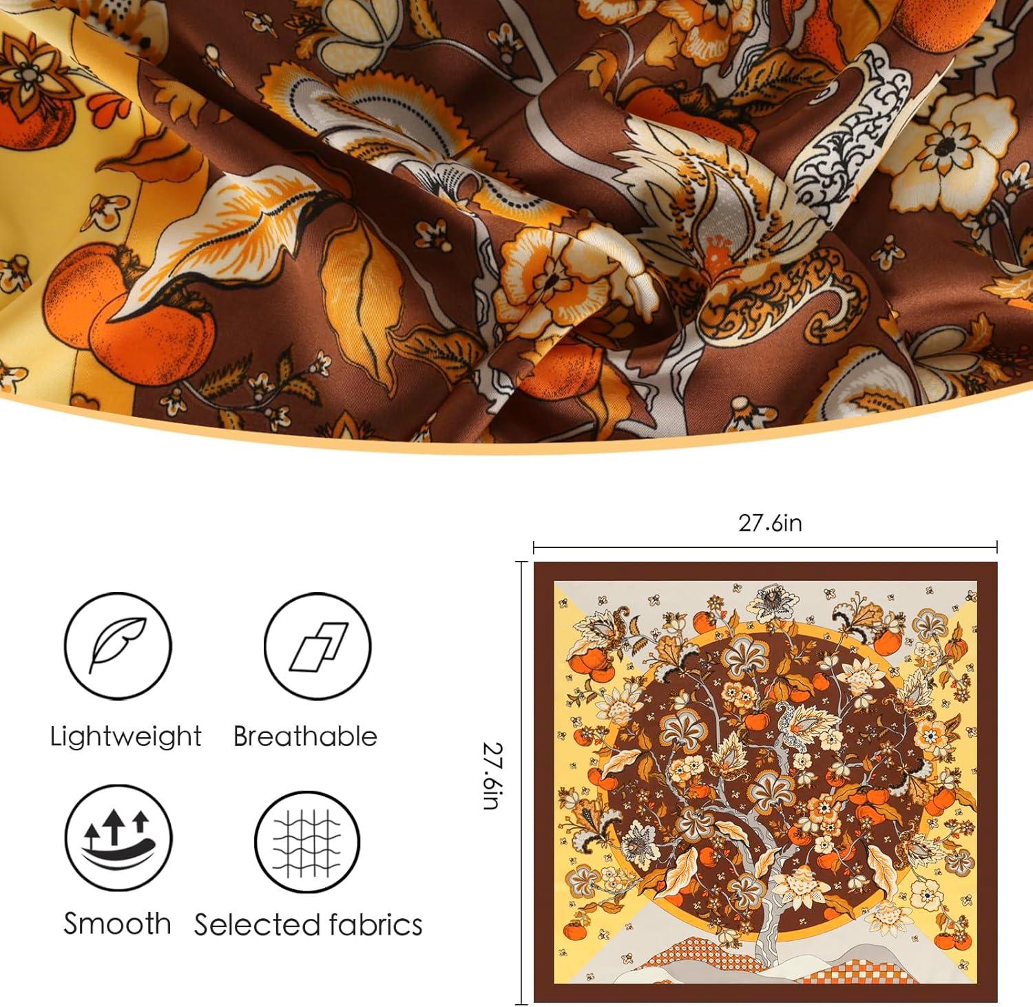 imageEXTREE Silk Feeling Scarf Medium Square Satin Head Scarf Sleeping Hair Wrapping for Women 275  275 inchesYellow Flowers