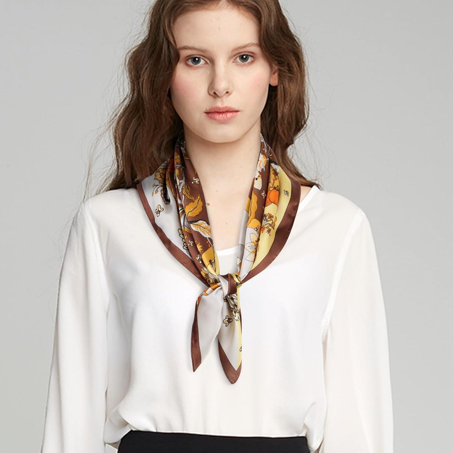 imageEXTREE Silk Feeling Scarf Medium Square Satin Head Scarf Sleeping Hair Wrapping for Women 275  275 inchesYellow Flowers