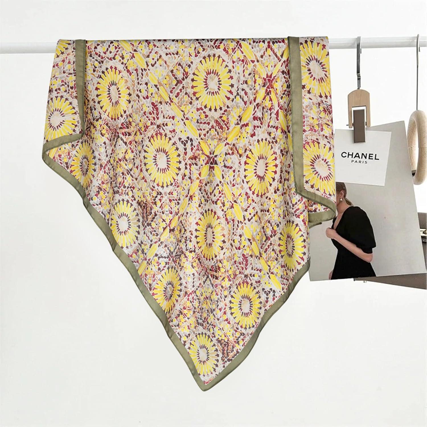 imageEXTREE Silk Feeling Scarf Medium Square Satin Head Scarf Sleeping Hair Wrapping for Women 275  275 inchesYellow Geometric Print