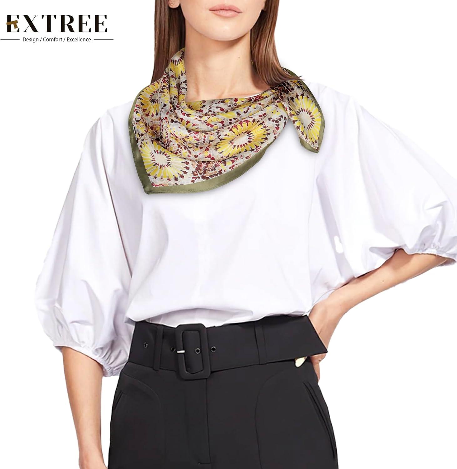 imageEXTREE Silk Feeling Scarf Medium Square Satin Head Scarf Sleeping Hair Wrapping for Women 275  275 inchesYellow Geometric Print