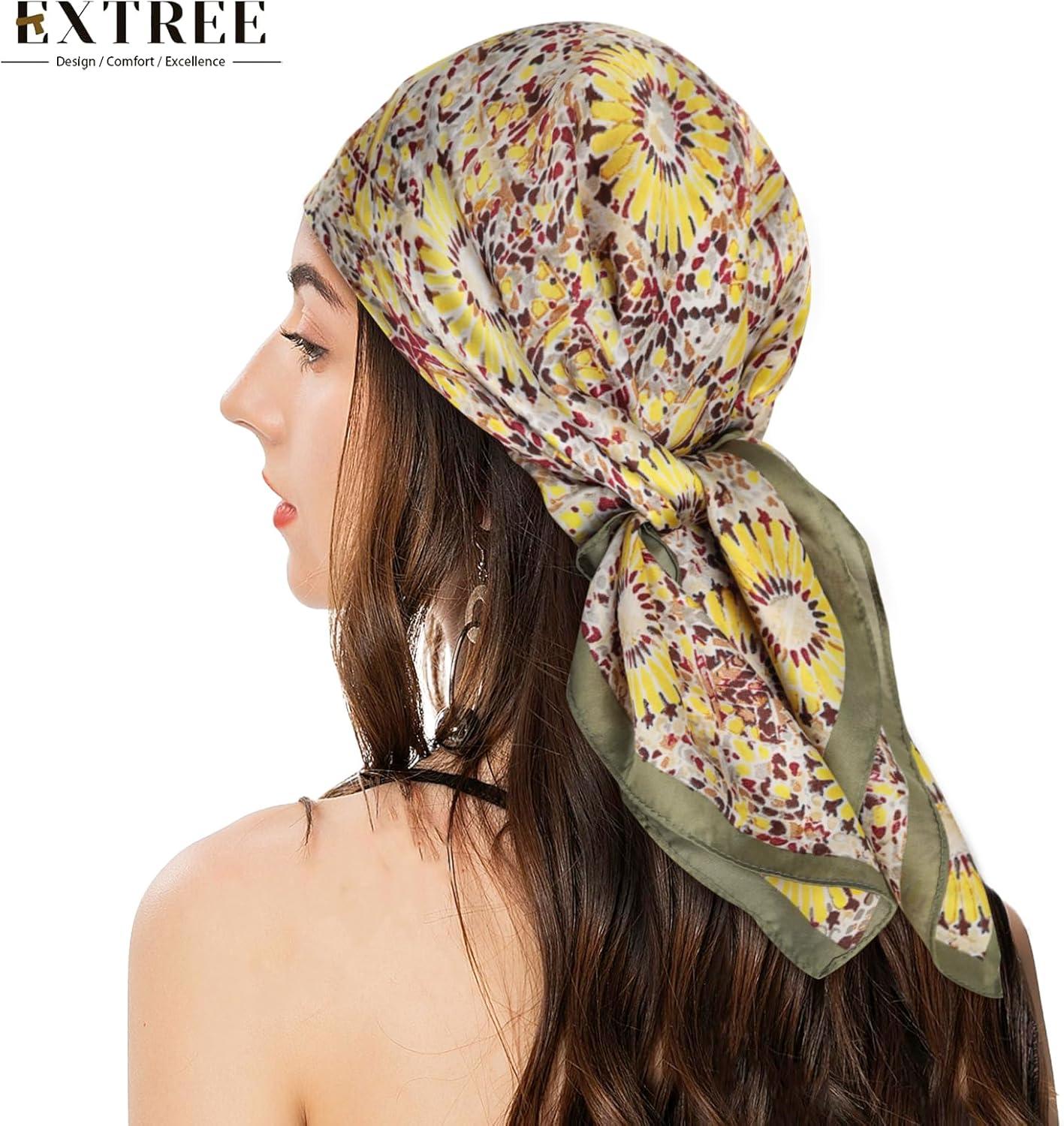 imageEXTREE Silk Feeling Scarf Medium Square Satin Head Scarf Sleeping Hair Wrapping for Women 275  275 inchesYellow Geometric Print