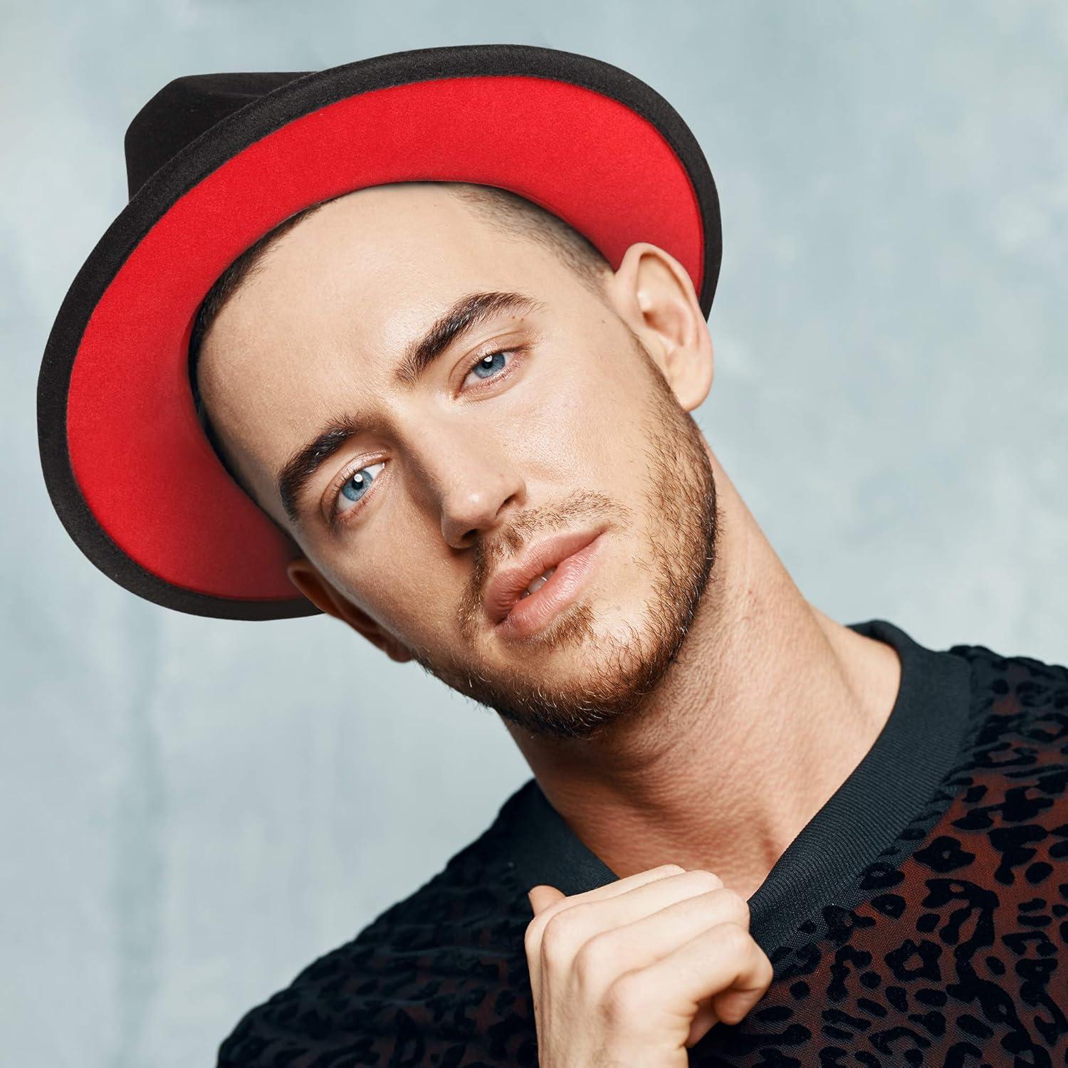 imageEXTREE Wide Brim Wool Felt Fedora Hat for Men and Women with Belt Buckle TwoTone StitchingBlackred