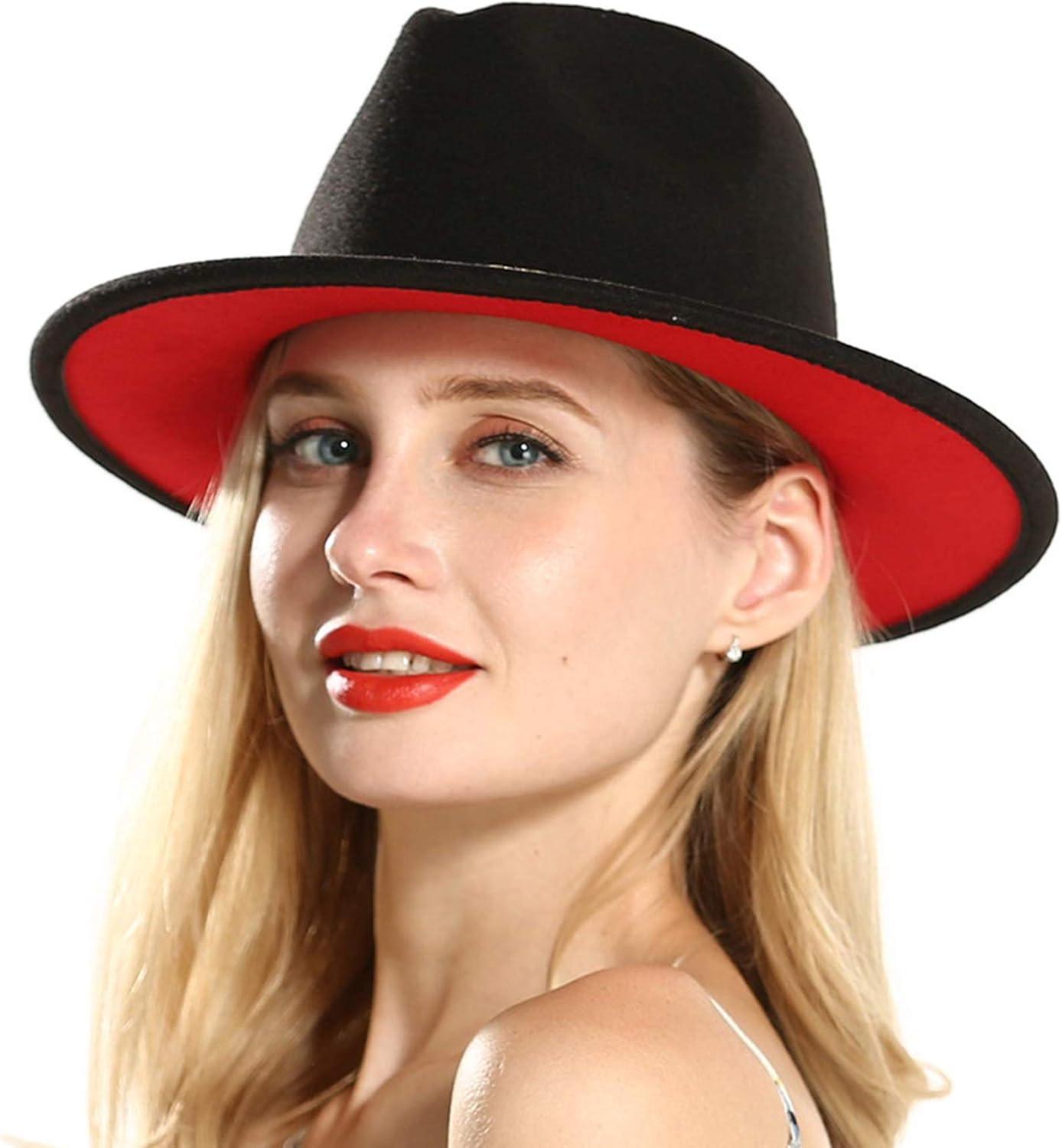 imageEXTREE Wide Brim Wool Felt Fedora Hat for Men and Women with Belt Buckle TwoTone StitchingBlackred