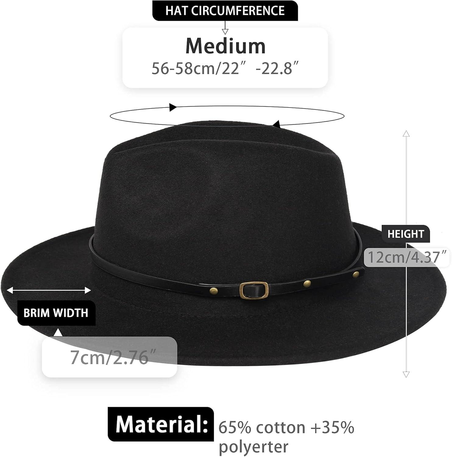 imageEXTREE Wide Brim Wool Felt Fedora Hat for Men and Women with Belt Buckle TwoTone StitchingBlackred2