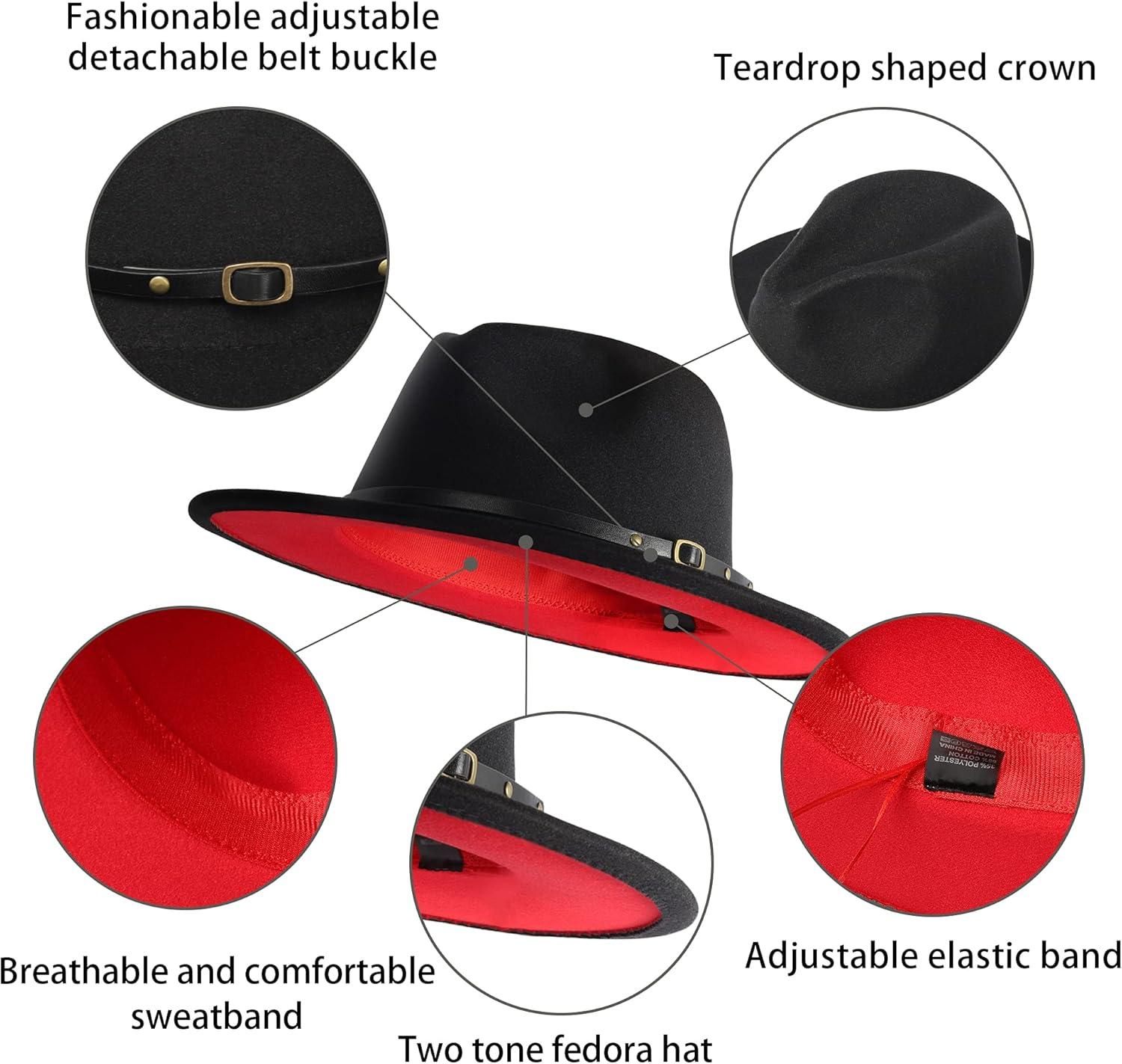 imageEXTREE Wide Brim Wool Felt Fedora Hat for Men and Women with Belt Buckle TwoTone StitchingBlackred2