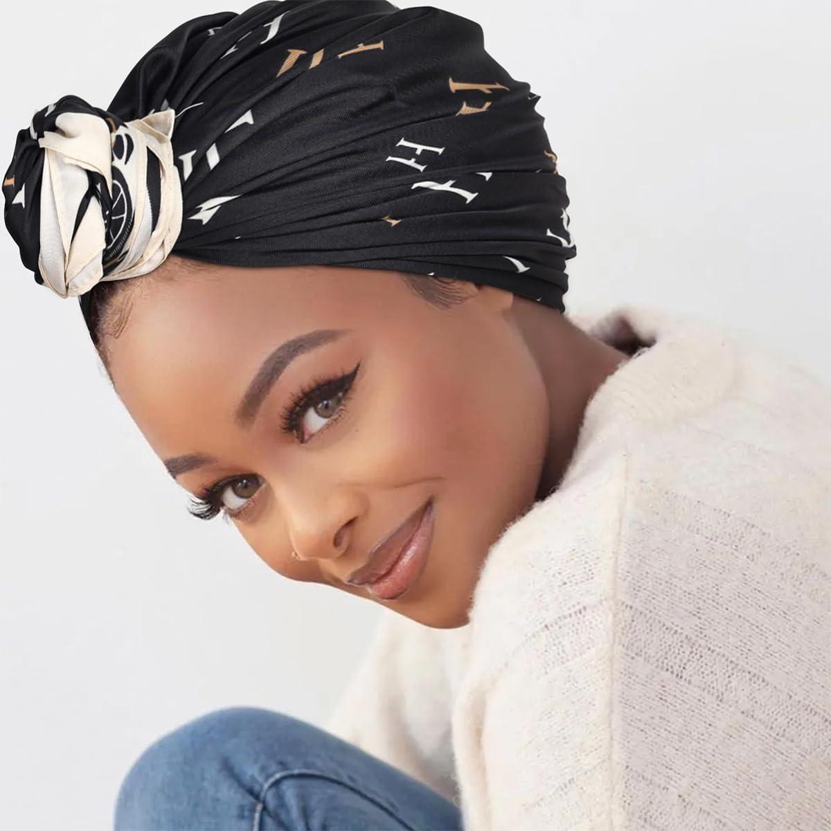 imageEXTREE Womens 35 inch Fashion Headscarf Silk Satin Scarf for Hair Wrapping at Night Bandana Square Scarf for SleepingAlphabet Carriage Black