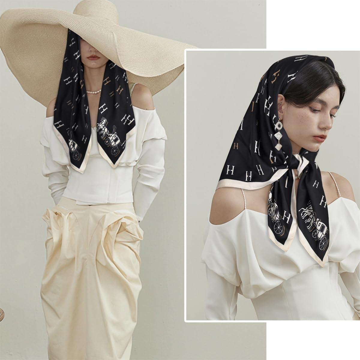 imageEXTREE Womens 35 inch Fashion Headscarf Silk Satin Scarf for Hair Wrapping at Night Bandana Square Scarf for SleepingAlphabet Carriage Black