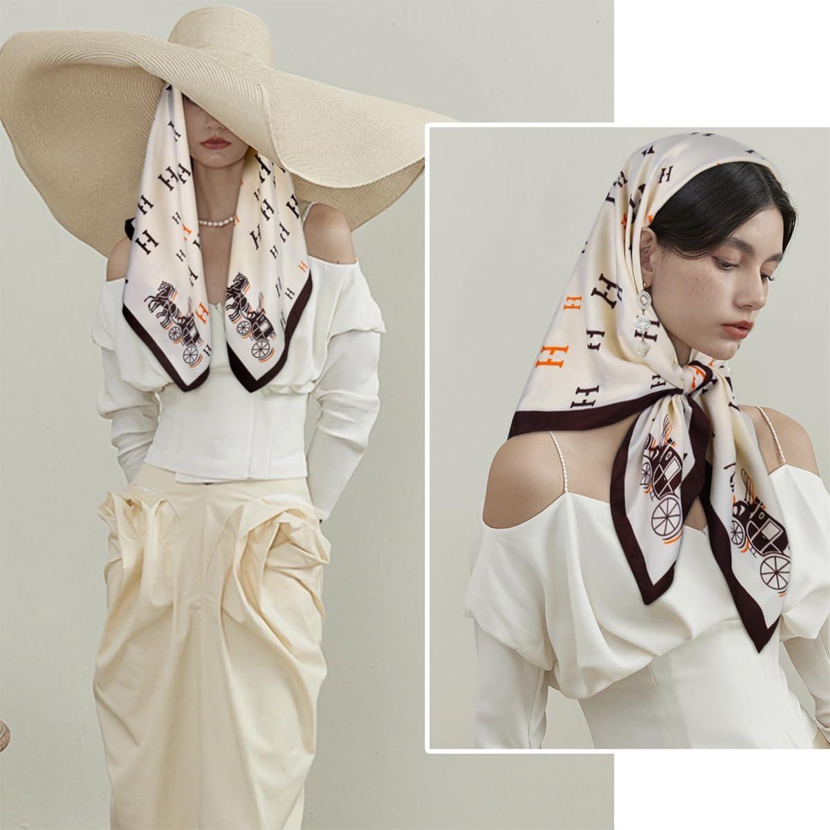 imageEXTREE Womens 35 inch Fashion Headscarf Silk Satin Scarf for Hair Wrapping at Night Bandana Square Scarf for SleepingAlphabet Carriage White