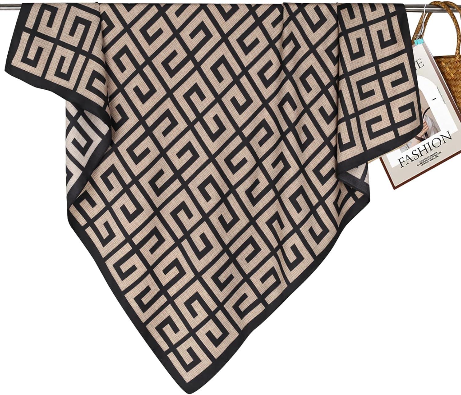 imageEXTREE Womens 35 inch Fashion Headscarf Silk Satin Scarf for Hair Wrapping at Night Bandana Square Scarf for SleepingBeige Black Pattern