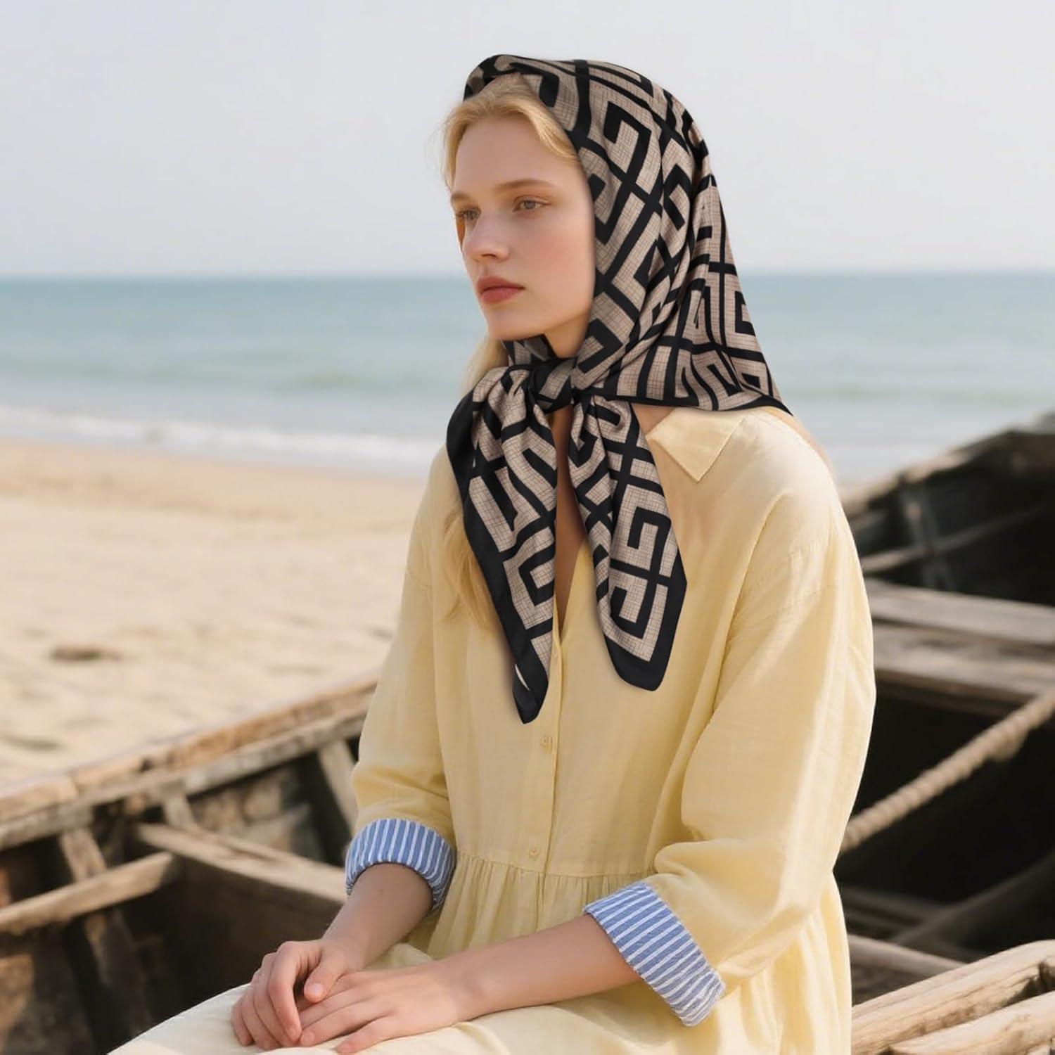 imageEXTREE Womens 35 inch Fashion Headscarf Silk Satin Scarf for Hair Wrapping at Night Bandana Square Scarf for SleepingBeige Black Pattern