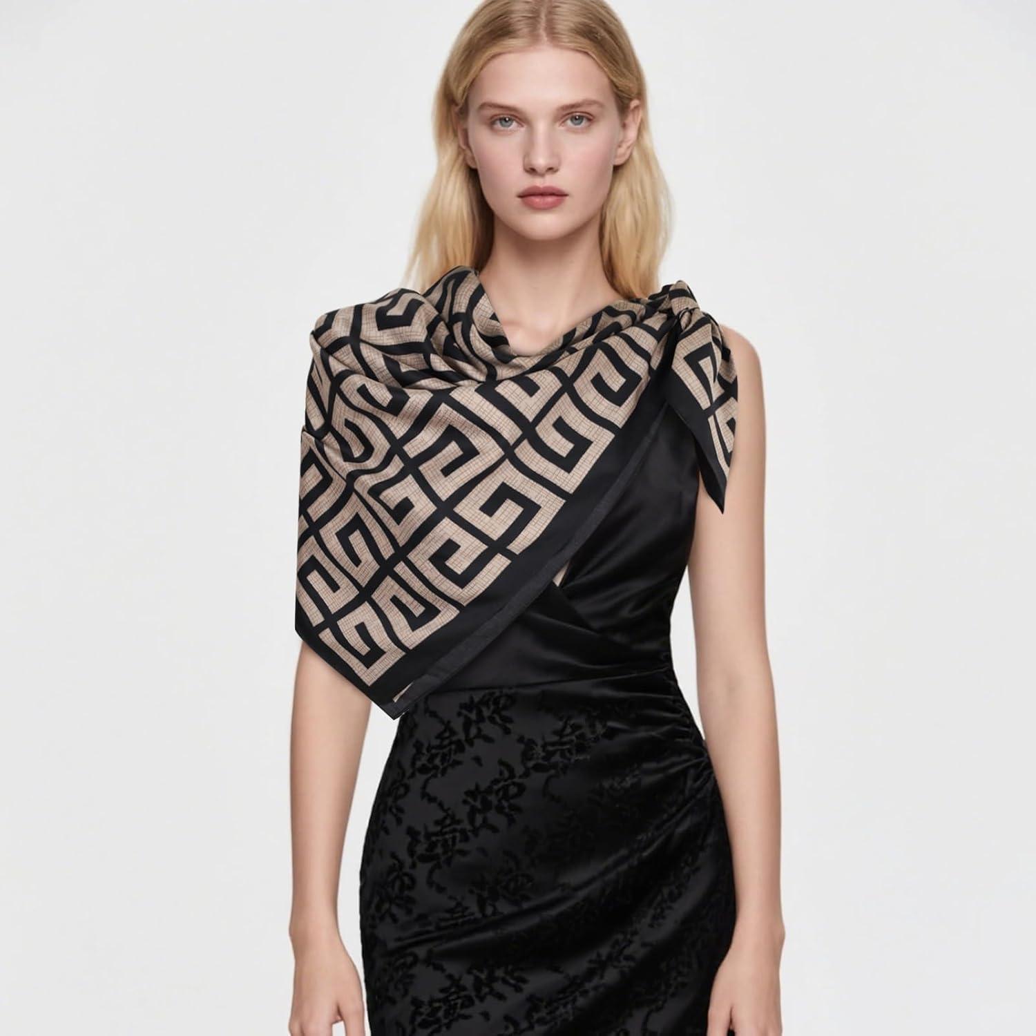 imageEXTREE Womens 35 inch Fashion Headscarf Silk Satin Scarf for Hair Wrapping at Night Bandana Square Scarf for SleepingBeige Black Pattern