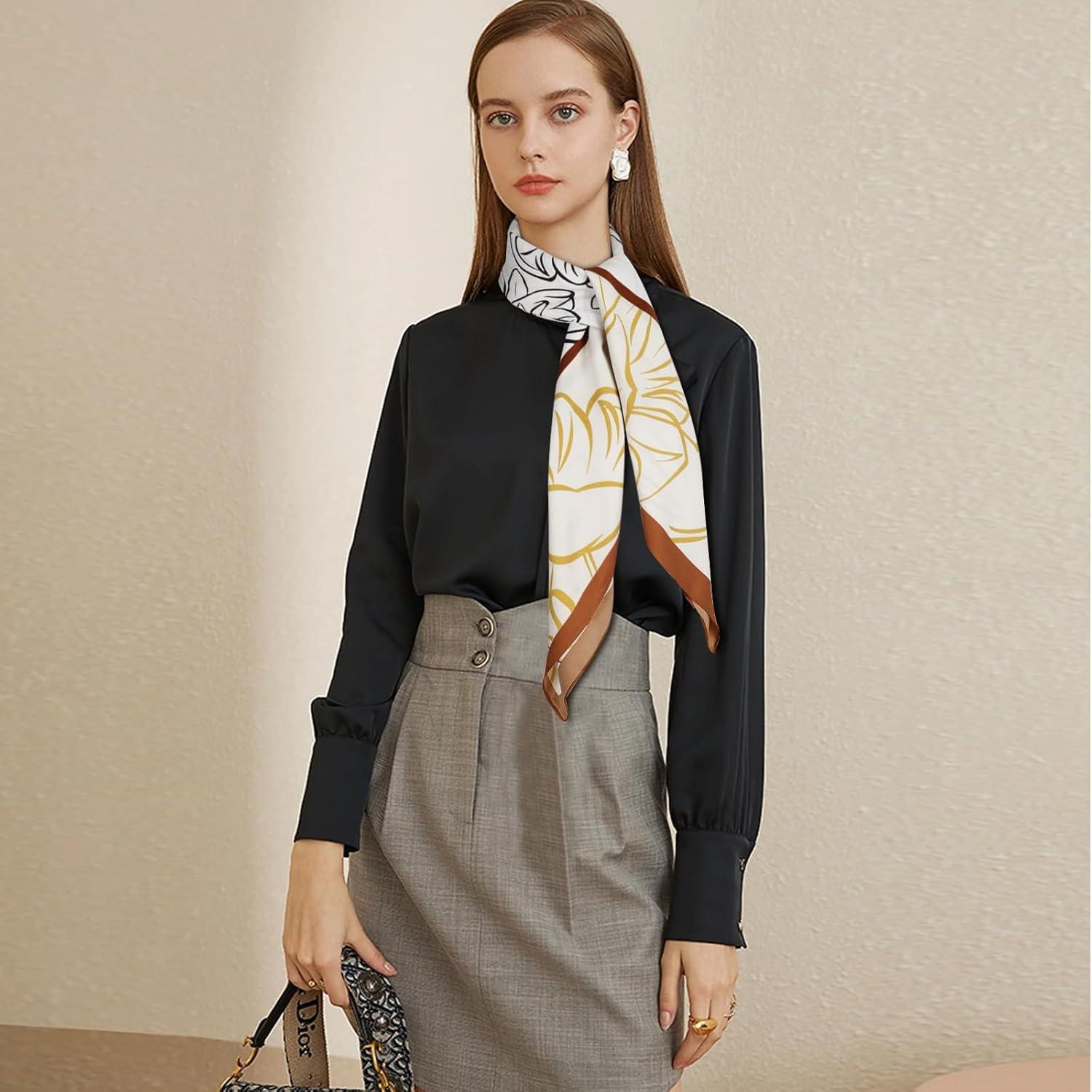 imageEXTREE Womens 35 inch Fashion Headscarf Silk Satin Scarf for Hair Wrapping at Night Bandana Square Scarf for SleepingBeige Buds