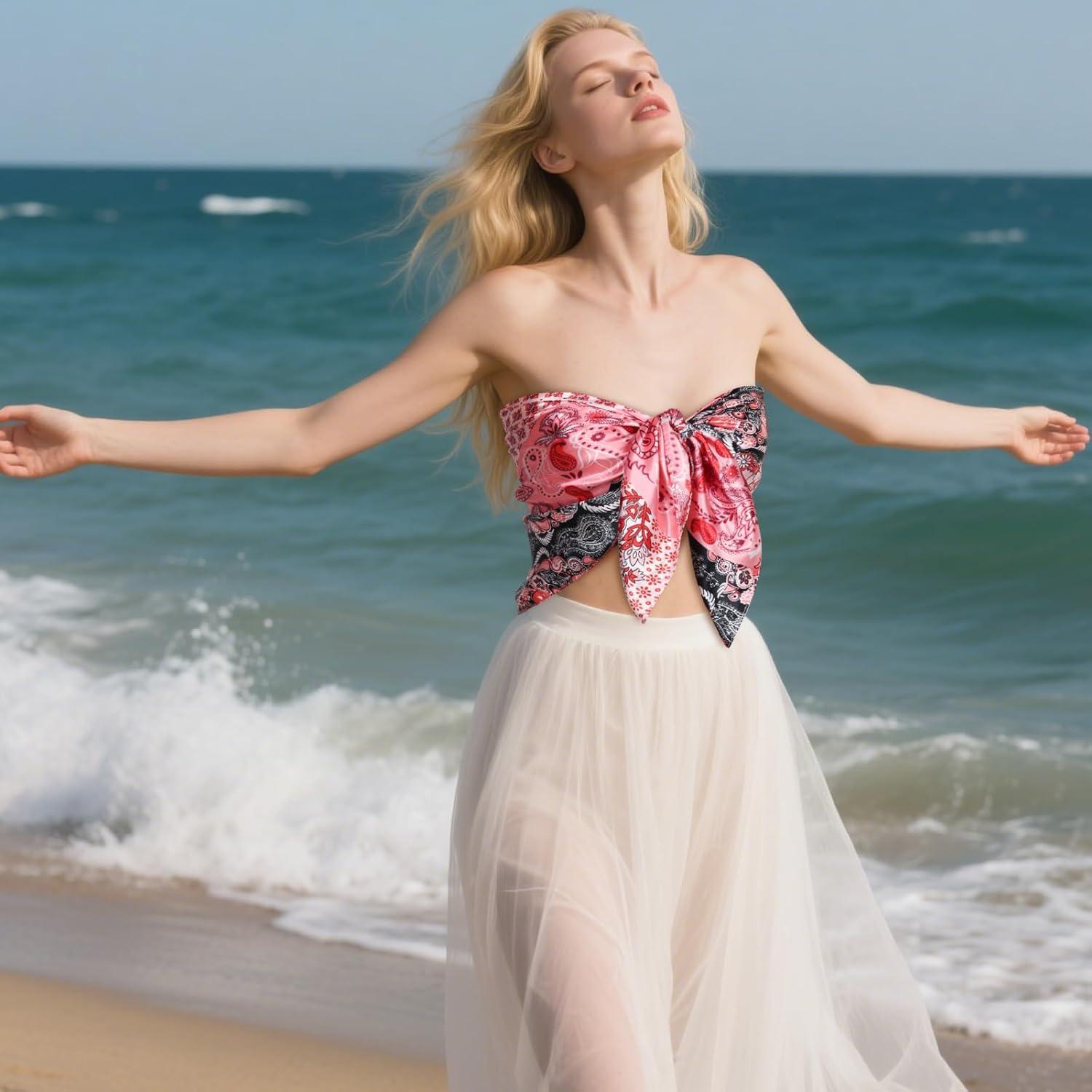 imageEXTREE Womens 35 inch Fashion Headscarf Silk Satin Scarf for Hair Wrapping at Night Bandana Square Scarf for SleepingBig Red Powder