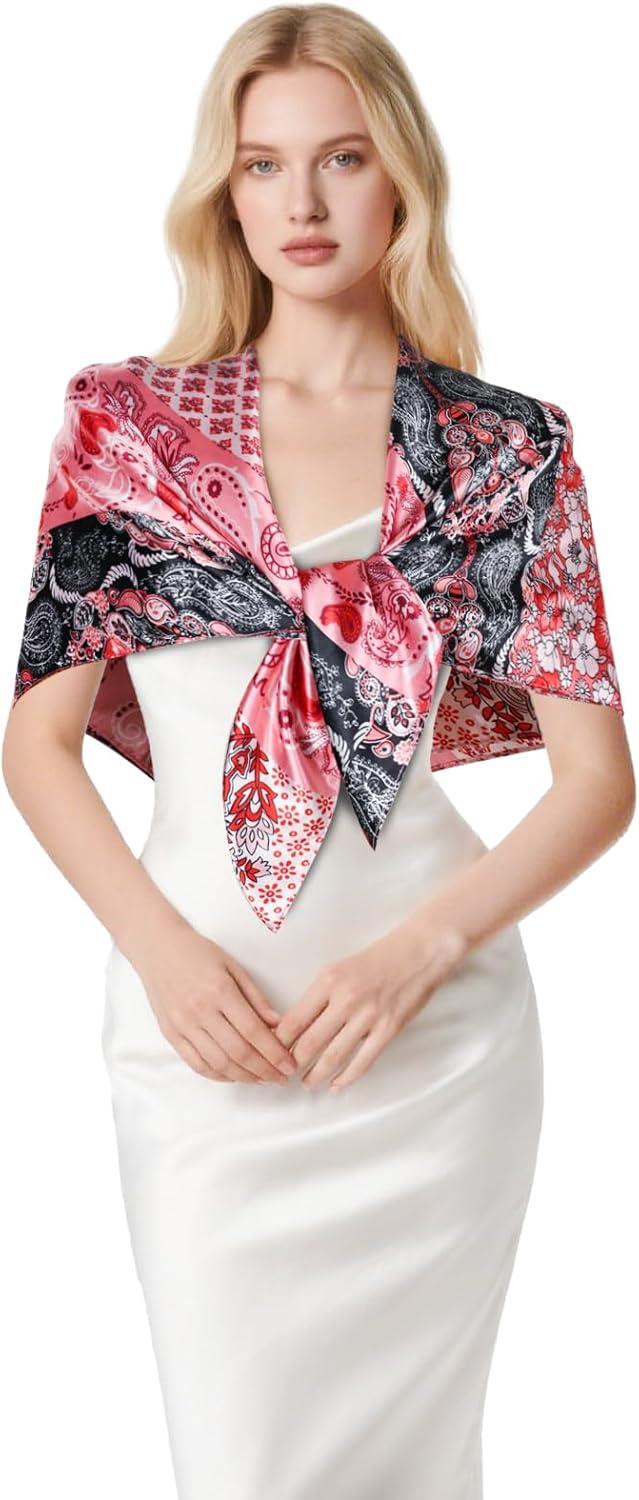 imageEXTREE Womens 35 inch Fashion Headscarf Silk Satin Scarf for Hair Wrapping at Night Bandana Square Scarf for SleepingBig Red Powder