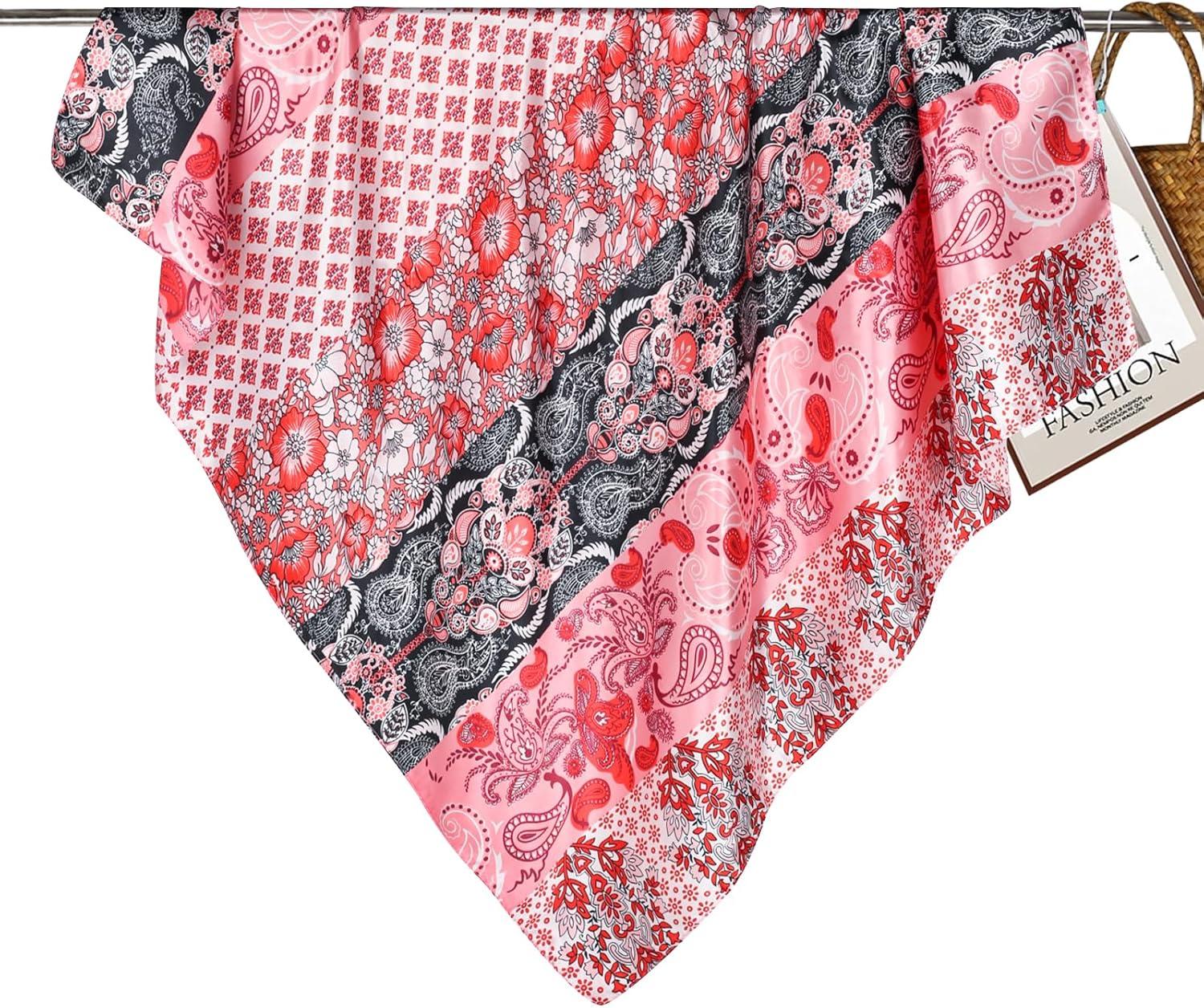 imageEXTREE Womens 35 inch Fashion Headscarf Silk Satin Scarf for Hair Wrapping at Night Bandana Square Scarf for SleepingBig Red Powder