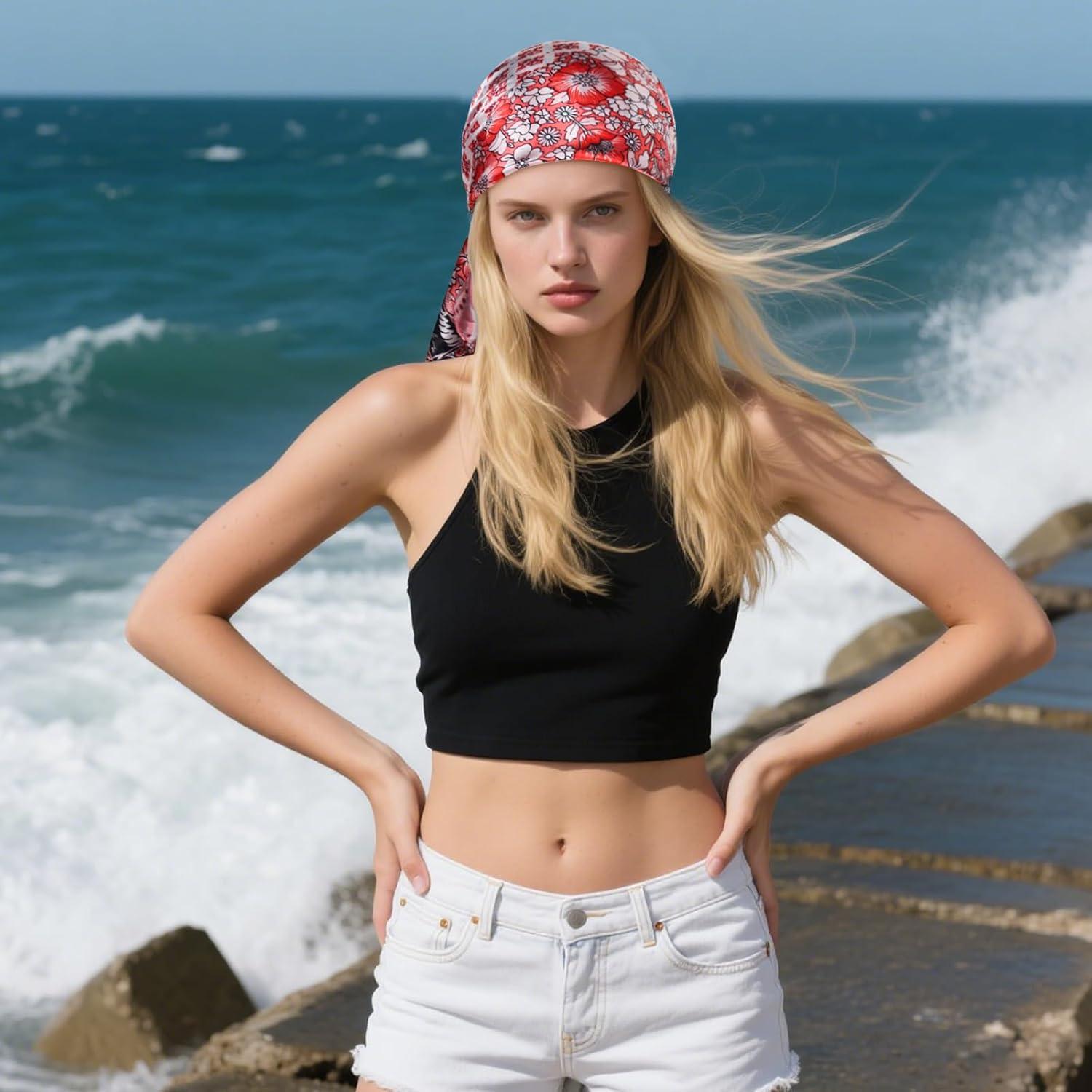 imageEXTREE Womens 35 inch Fashion Headscarf Silk Satin Scarf for Hair Wrapping at Night Bandana Square Scarf for SleepingBig Red Powder